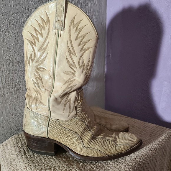 Vtg Dan Post Mens Cream Tan Exotic Lizard Leather Cowboy Boots Pointed Toe 9.5D - Picture 6 of 12
